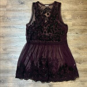 FREE PEOPLE sheer beaded eggplant purple & black dress! Fancy Beaded!